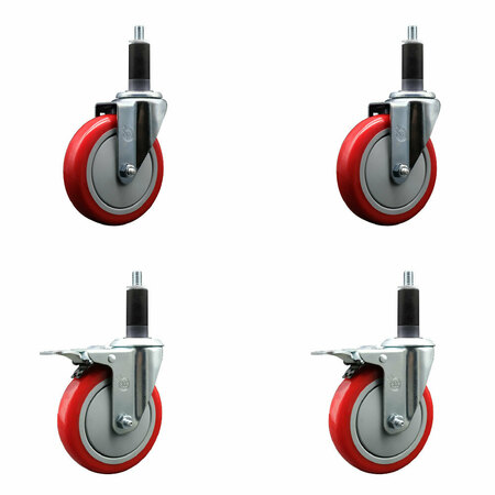 SERVICE CASTER 5'' Red Poly Swivel 1-1/8'' Expanding Stem Caster Set 2 Total Lock Brakes, 4PK SCC-EXTTL20S514-PPUB-RED-2-S-2-118